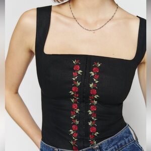 Reformation Amara Linen Top - Black with Red Floral Embroidery